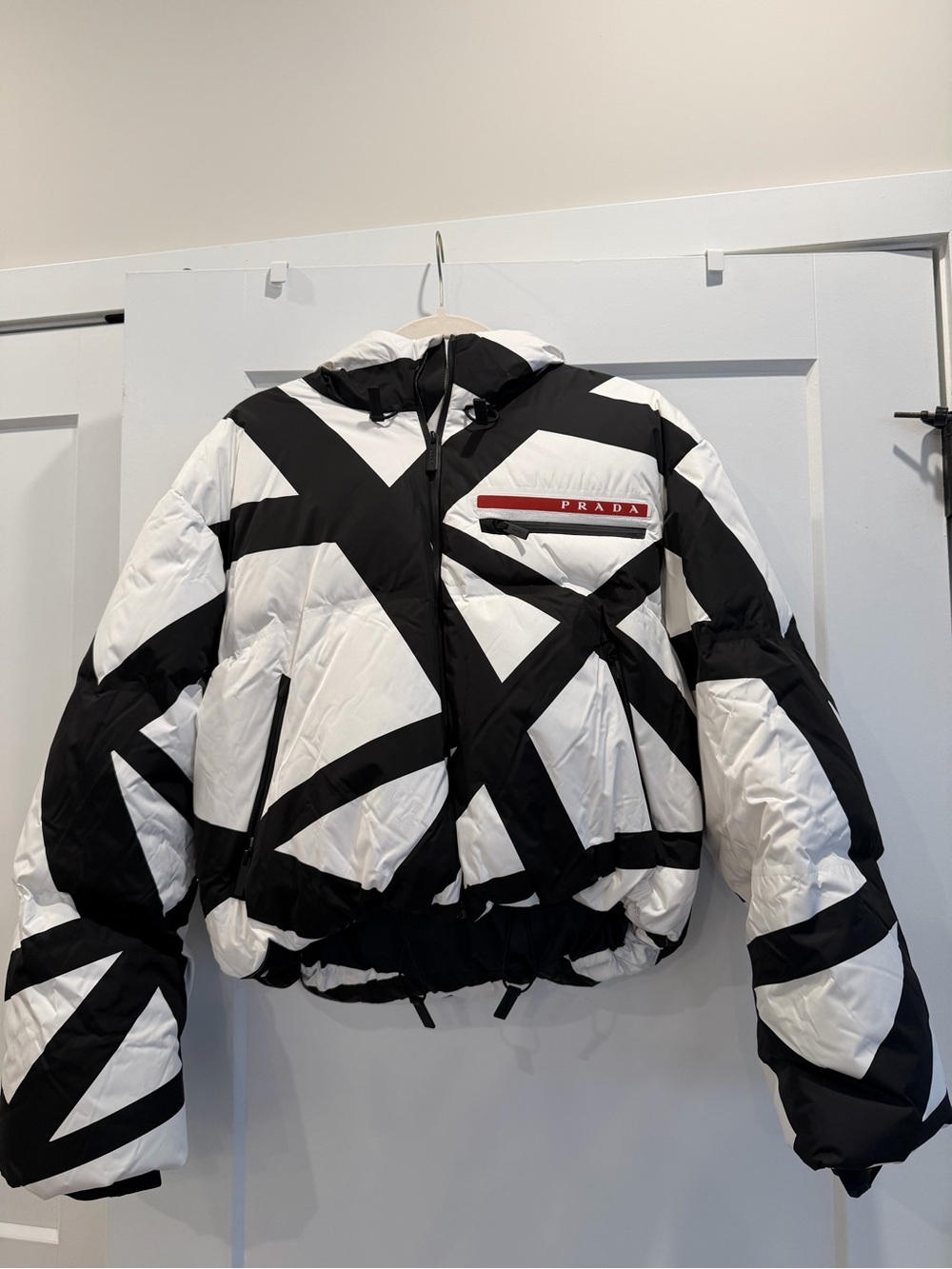 Prada Black & White Graphic Cropped Puffer Jacket with Red Logo limited edition